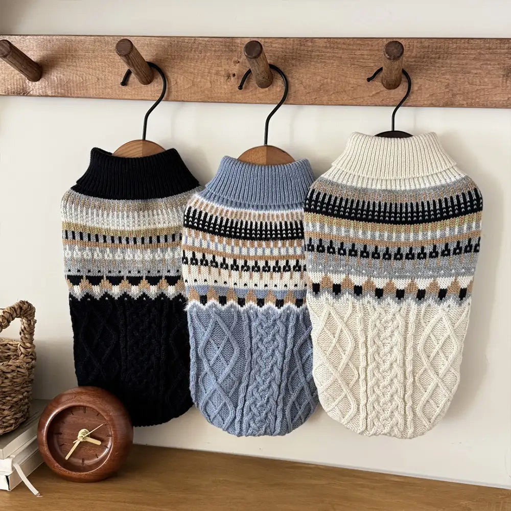 Fair Isle Pattern Knitted Linen Dog Jumper Sweater with Classic Collar