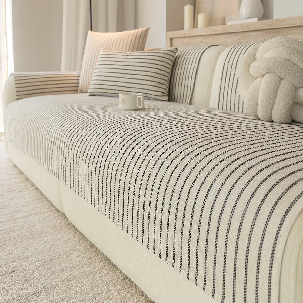 Faux Cotton-Linen Chenille Striped Breathable Scratch-Resistant Corner Sofa Cover