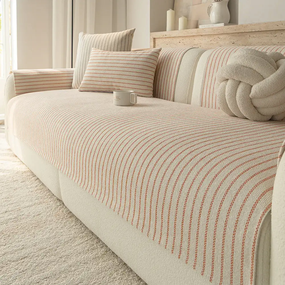 Faux Cotton-Linen Chenille Striped Breathable Scratch-Resistant Sofa Cover