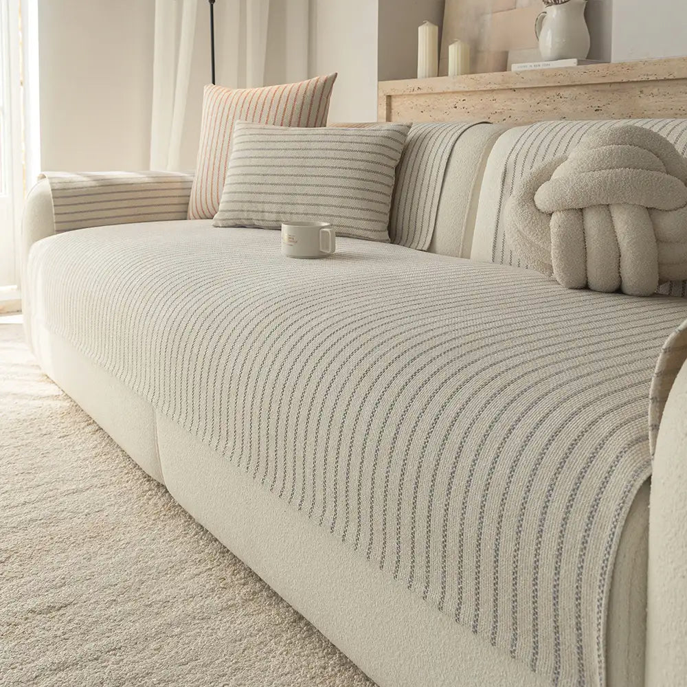 Faux Cotton-Linen Chenille Striped Breathable Scratch-Resistant Corner Sofa Cover