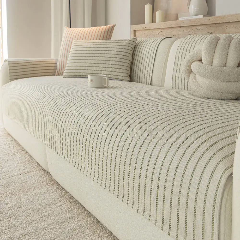 Faux Cotton-Linen Chenille Striped Breathable Scratch-Resistant Sofa Cover