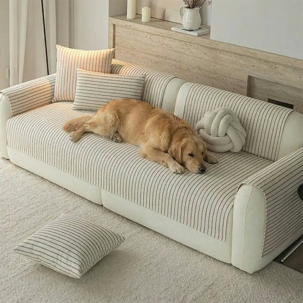 Faux Cotton-Linen Chenille Striped Breathable Scratch-Resistant Corner Sofa Cover