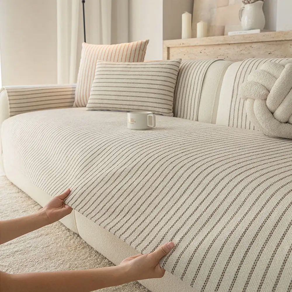 Faux Cotton-Linen Chenille Striped Breathable Scratch-Resistant Corner Sofa Cover