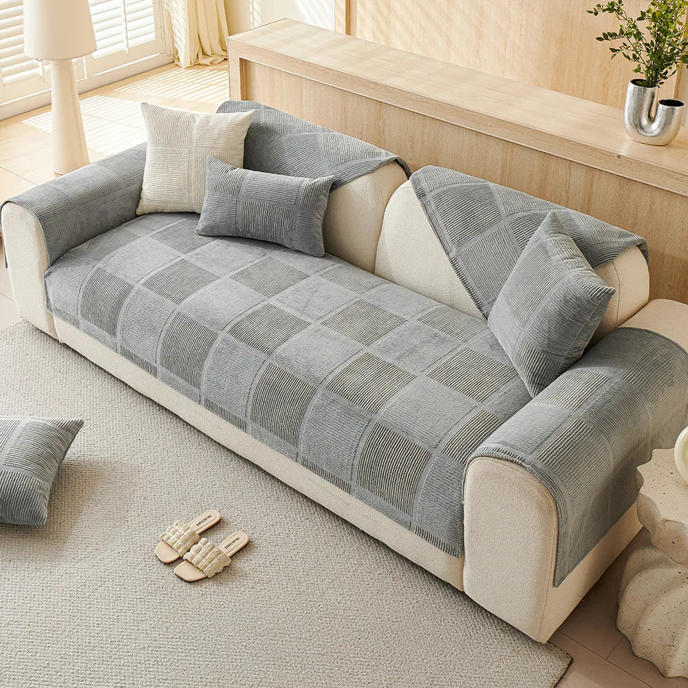 Plush Cream Geometric All Seasons Non-Slip Sofa Cover