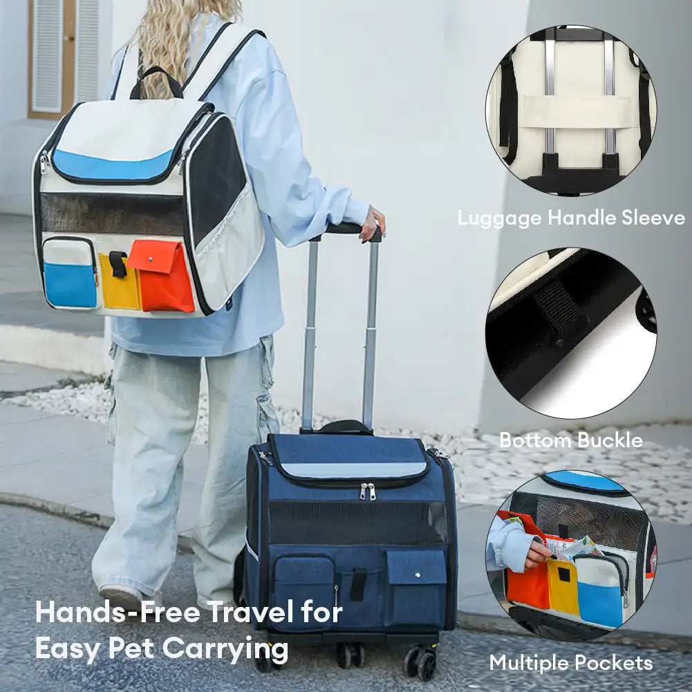 Portable Rolling Pet Backpack Carrier with Detachable Trolley Cat Carrier Dog Carrier