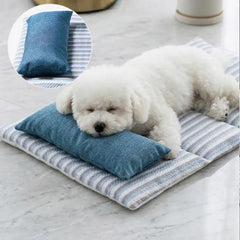 Refreshing Striped Cooling Ice Silk Non-Slip Dog Mat Bed with Pillow