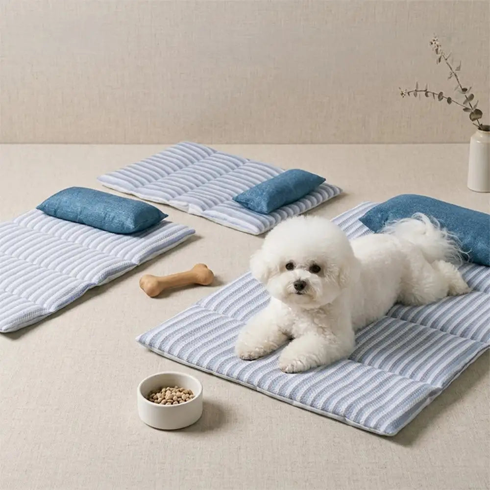 Refreshing Striped Cooling Ice Silk Non-Slip Dog Mat Bed with Pillow