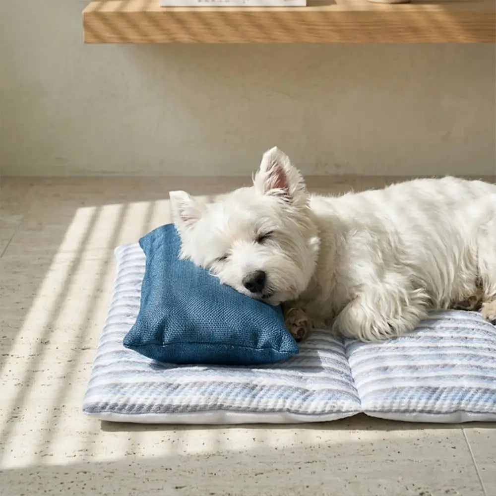 Refreshing Striped Cooling Ice Silk Non-Slip Dog Mat Bed with Pillow