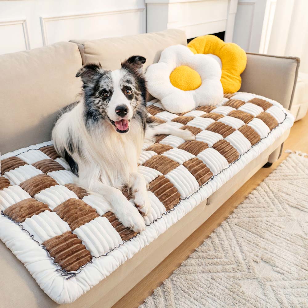 Cream-colored Large Plaid Square Fuzzy Pet Dog Mat Bed Corner Couch Cover
