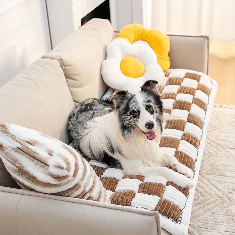 Cream-colored Large Plaid Square Fuzzy Pet Dog Mat Bed Corner Couch Cover