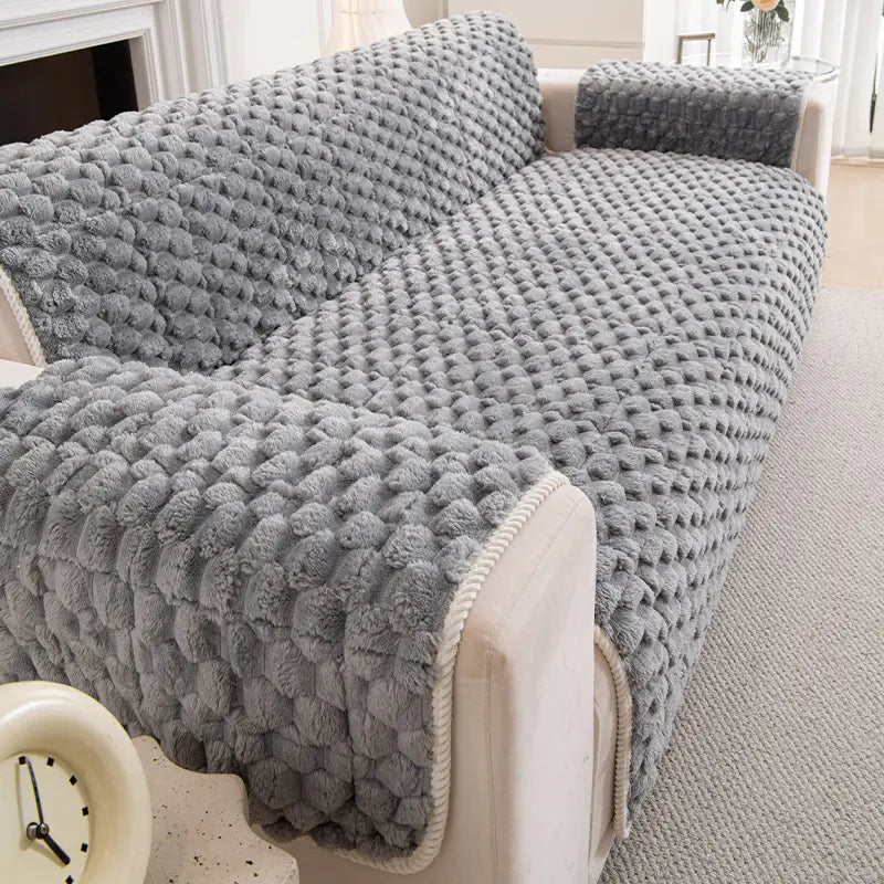 Fuzzy Bubble Plush One-Piece Pet-Friendly Sofa Protection Non-Slip Couch Cover
