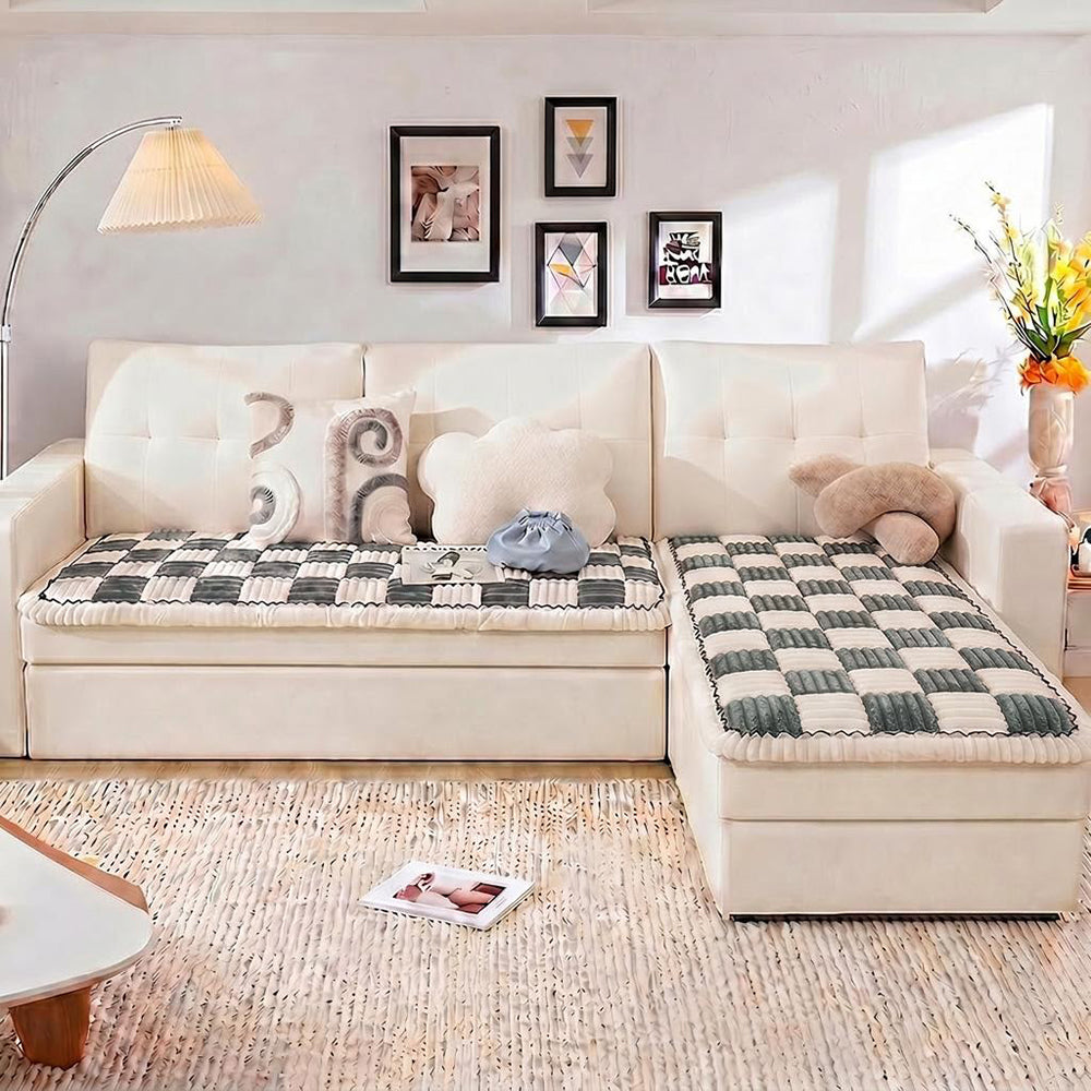 Cream-colored Large Plaid Square Fuzzy Pet Dog Mat Bed Corner Couch Cover