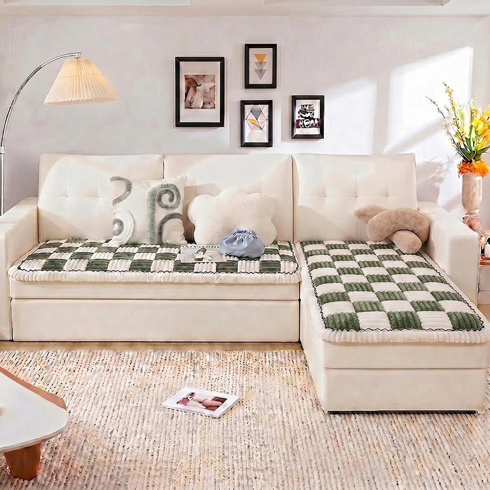 Cream-colored Large Plaid Square Fuzzy Pet Dog Mat Bed Corner Couch Cover