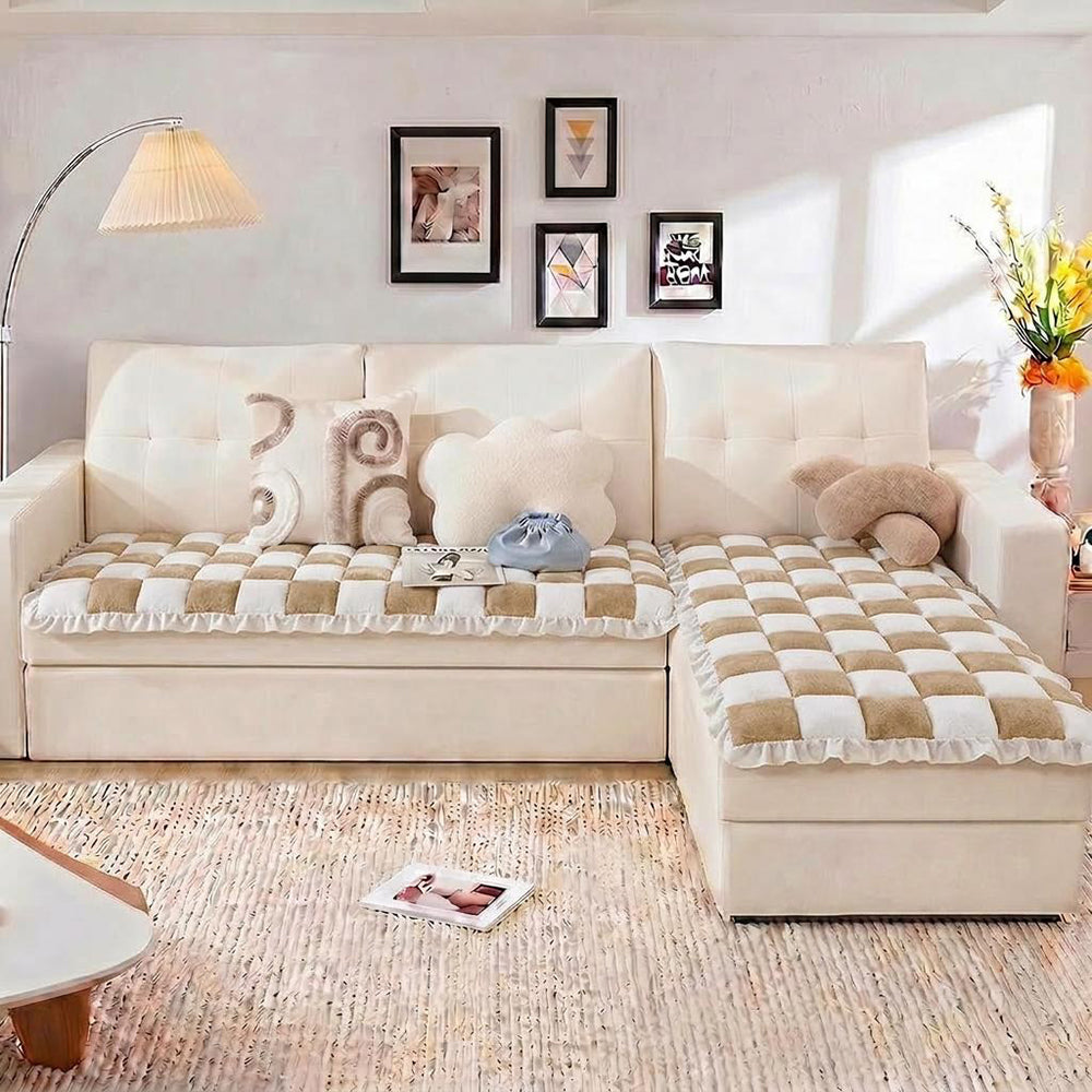 Cream-colored Large Plaid Square Fuzzy Pet Dog Mat Bed Corner Couch Cover