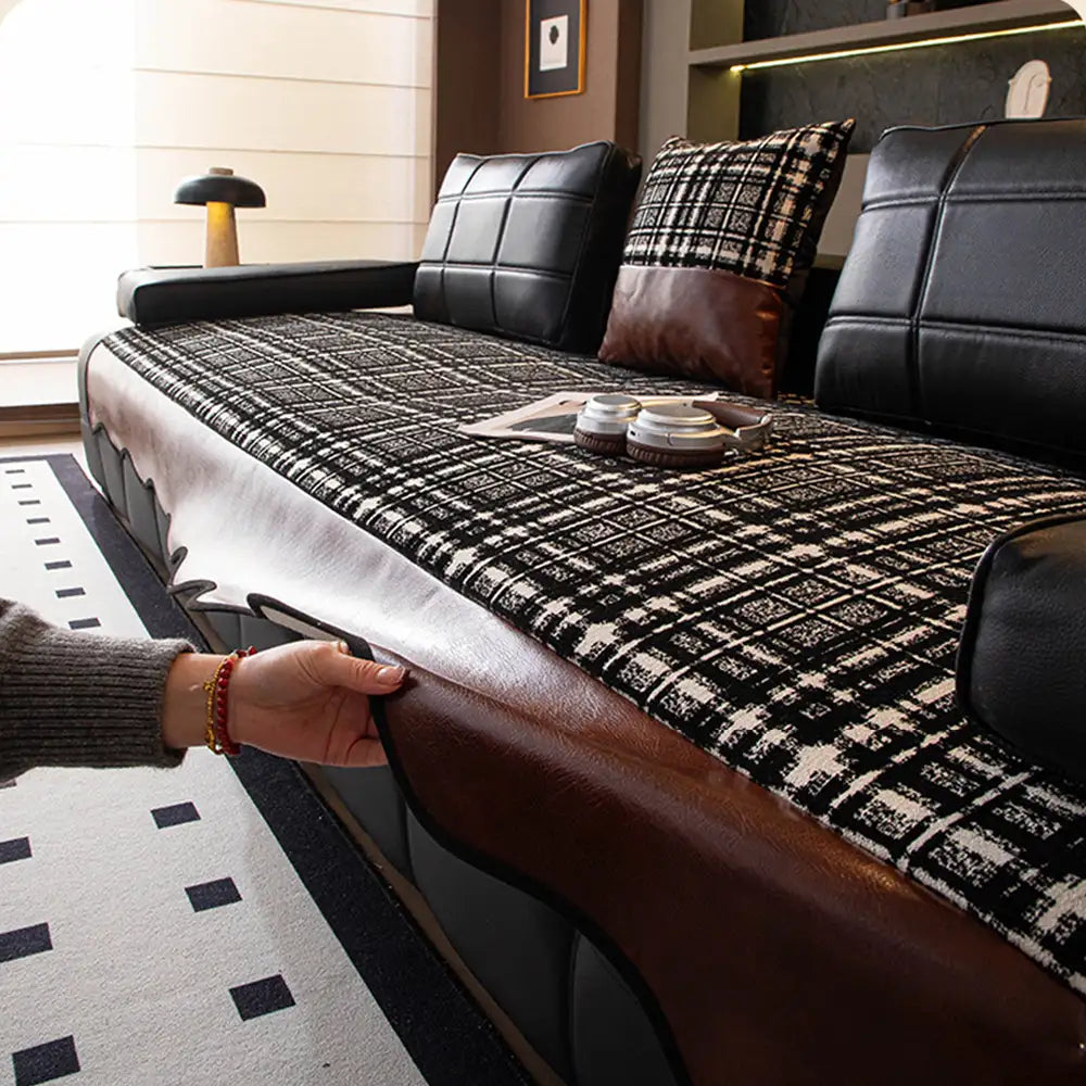 Vintage Chenille Sofa Protector with Faux Leather Panels Non-Sofa Cover