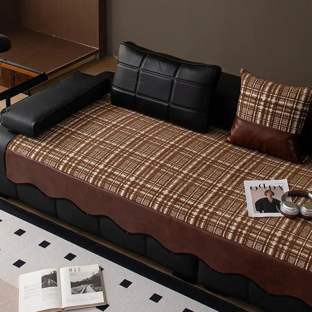 Vintage Chenille Sofa Protector with Faux Leather Panels Non-Sofa Cover