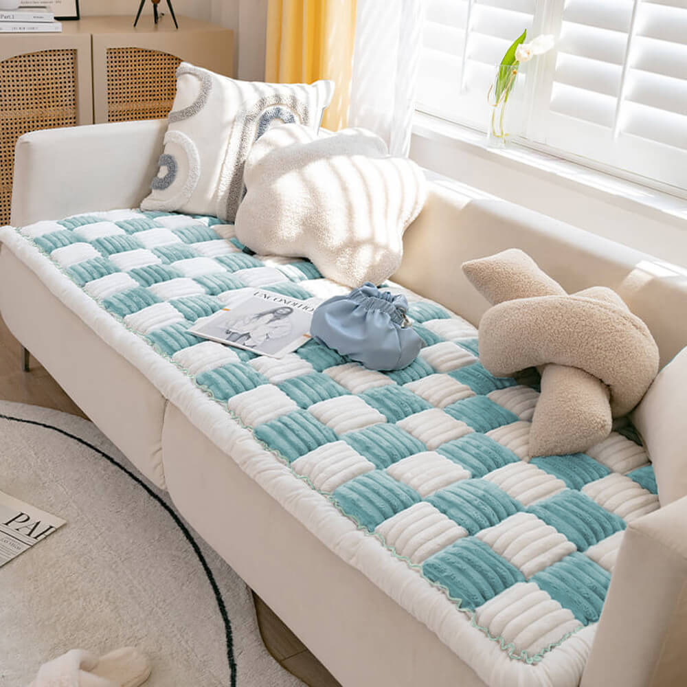 Cream-colored Large Plaid Square Fuzzy Pet Dog Mat Bed Corner Couch Cover