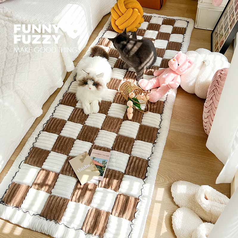 Cream-colored Large Plaid Square Fuzzy Pet Dog Mat Bed Corner Couch Cover