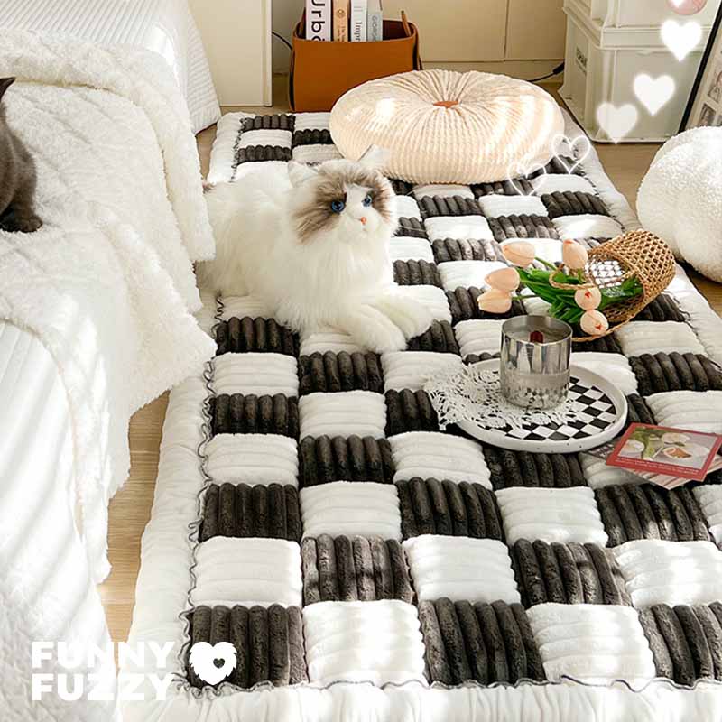 Cream-colored Large Plaid Square Fuzzy Pet Dog Mat Bed Corner Couch Cover