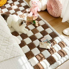 Cream-colored Large Plaid Square Fuzzy Pet Dog Mat Bed Corner Couch Cover