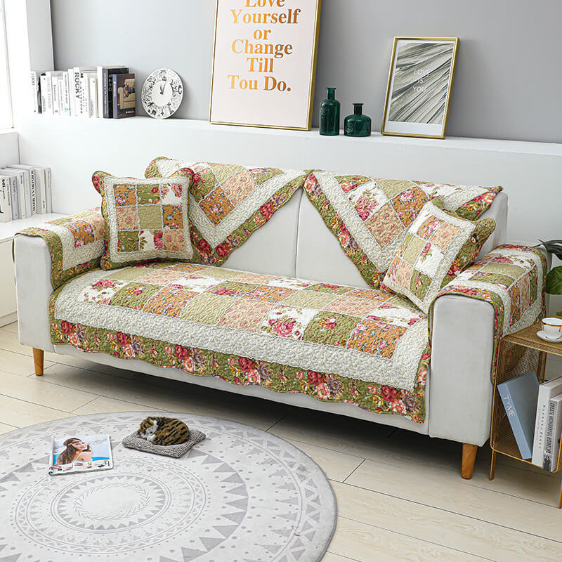 Vintage Flower Plaid Cotton Sofa Cover