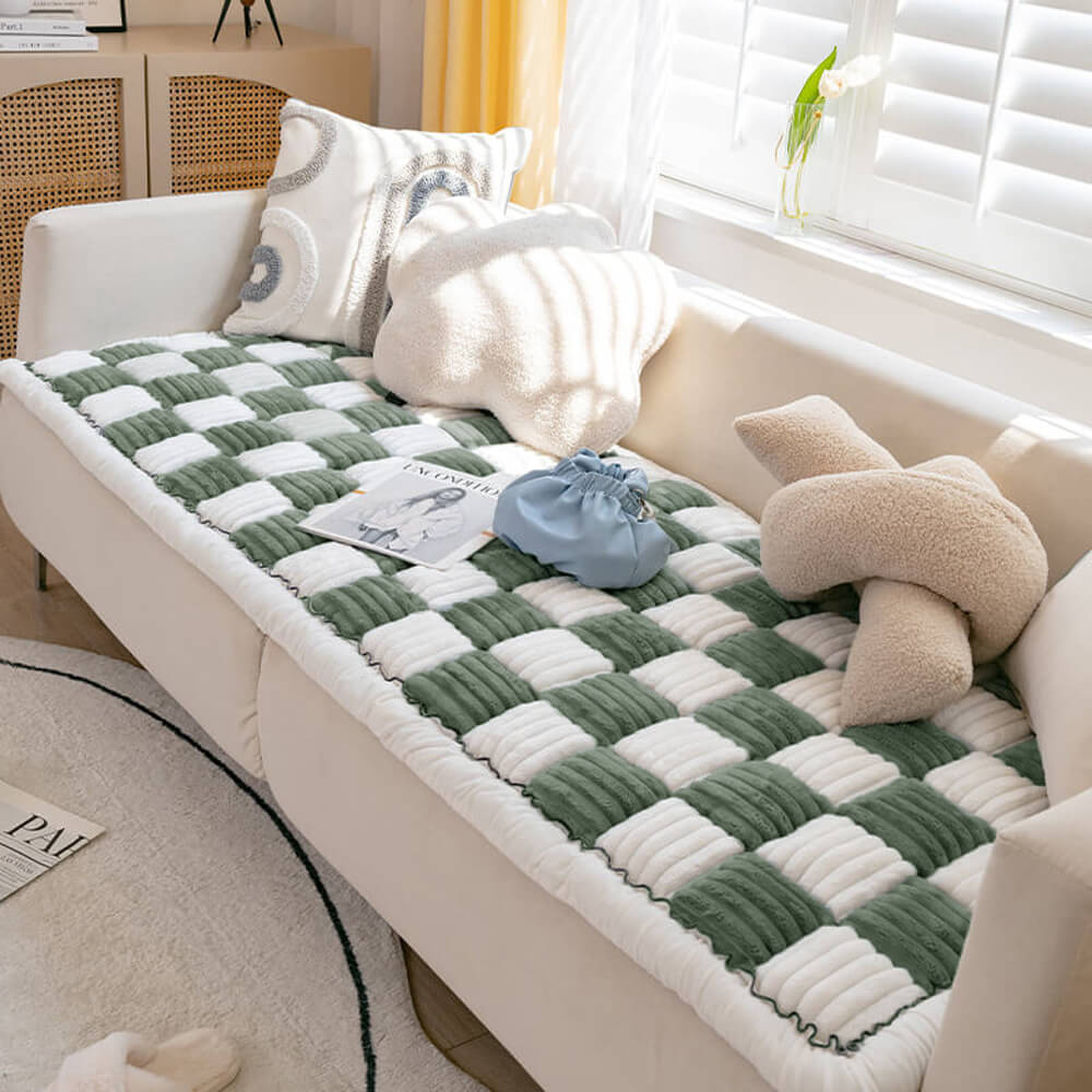 Cream-colored Large Plaid Square Fuzzy Pet Dog Mat Bed Corner Couch Cover