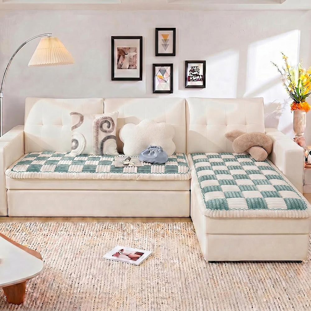 Cream-colored Large Plaid Square Fuzzy Pet Dog Mat Bed Corner Couch Cover