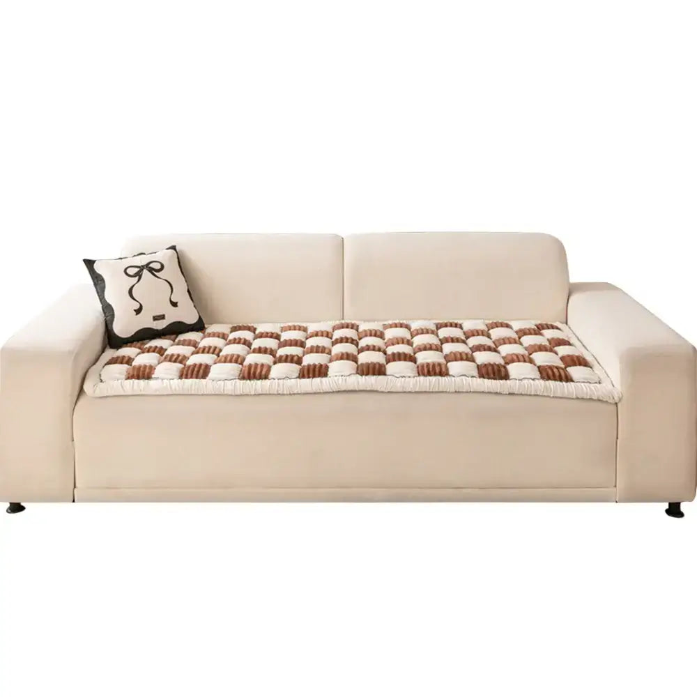 Cream-colored Large Plaid Square Fuzzy Pet Dog Mat Bed Corner Couch Cover